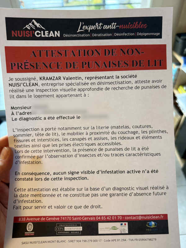 attestation de non-présence de nuisible pour un logement à louer